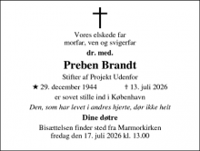 Dødsannoncen for Preben Brandt - Frederiksberg