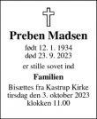 Dødsannoncen for Preben Madsen - Vordingborg 