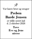 Dødsannoncen for Preben
Barde Jensen - Vorgod / Barde