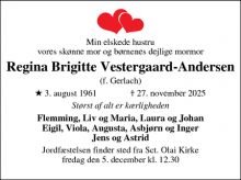 Dødsannoncen for Regina Brigitte Vestergaard-Andersen - Helsingør