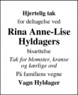 Dødsannoncen for Rina Anne-Lise
Hyldager - Odense