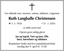 Dødsannoncen for Ruth Langballe Christensen - Herlev