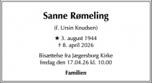Dødsannoncen for Sanne R&oslash;meling - Hellerup