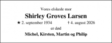 Dødsannoncen for Shirley Groves Larsen - Aarhus