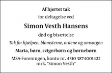 Dødsannoncen for Simon Vesth Hansens  - Åbyhøj
