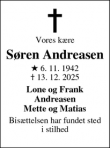 Dødsannoncen for S&oslash;ren Andreasen - Hobro