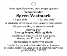 Dødsannoncen for Søren Vestmark - Flauenskjold