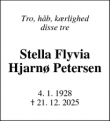 Dødsannoncen for Stella Flyvia
Hjarn&oslash; Petersen - Svendborg