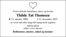 Dødsannoncen for Thilde T&oslash;t Thomsen - Kloster 