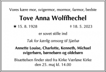 Dødsannoncen for Tove Anna Wolffhechel - Birkerød
