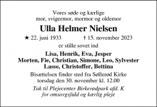 Dødsannoncen for Ulla Helmer Nielsen - Birkerød