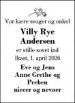 Dødsannoncen for Villy Rye
Andersen - Ikast