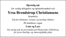 Dødsannoncen for Yrsa Brendstrup Christiansen - Glesborg/Ryomgård