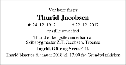 Dødsannoncen for Thurid Jacobsen - Farum