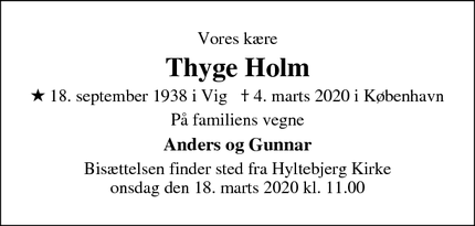 Dødsannoncen for Thyge Holm - København