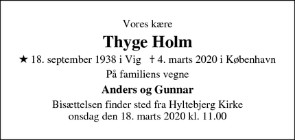 Dødsannoncen for Thyge Holm - København