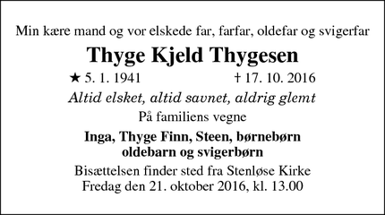 Dødsannoncen for Thyge Kjeld Thygesen - Stenløse