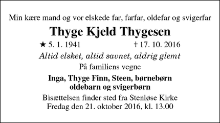 Dødsannoncen for Thyge Kjeld Thygesen - Stenløse