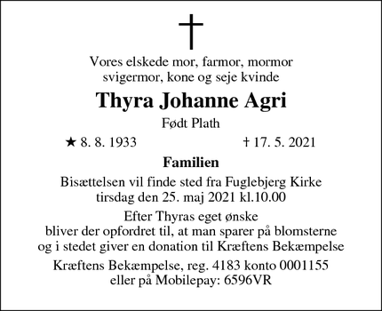 Dødsannoncen for Thyra Johanne Agri - Fuglebjerg