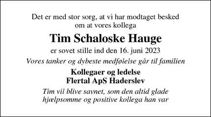 Dødsannoncen for Tim Schaloske Hauge - Haderslev