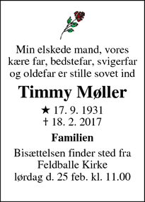 Dødsannoncen for Timmy Møller - Feldballe