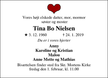 Dødsannoncen for Tina Bo Nielsen - Næstved