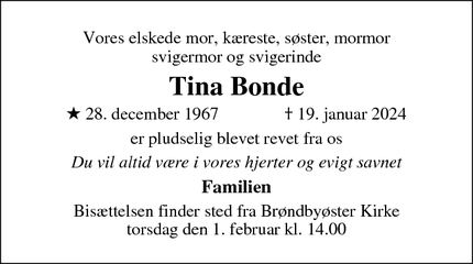 Dødsannoncen for Tina Bonde - Brøndby