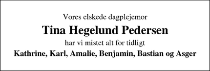 Dødsannoncen for Tina Hegelund Pedersen - Bording