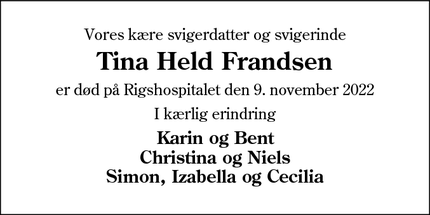 Dødsannoncen for Tina Held Frandsen - Esbjerg