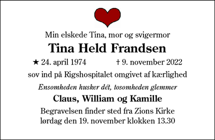 Dødsannoncen for Tina Held Frandsen - Esbjerg