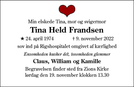 Dødsannoncen for Tina Held Frandsen - Esbjerg