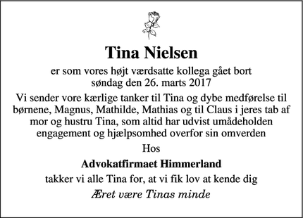 Dødsannoncen for Tina Nielsen - Fjerritslev