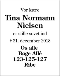 Dødsannoncen for Tina Normann Nielsen - Ribe