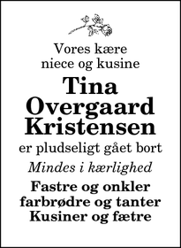 Dødsannoncen for Tina
Overgaard
Kristensen - Thisted