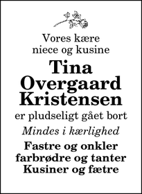 Dødsannoncen for Tina
Overgaard
Kristensen - Thisted