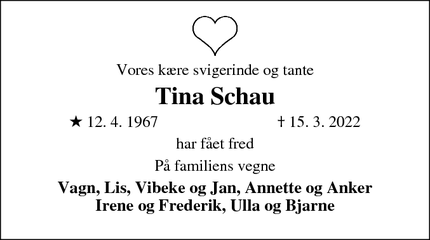 Dødsannoncen for Tina Schau - Støvring