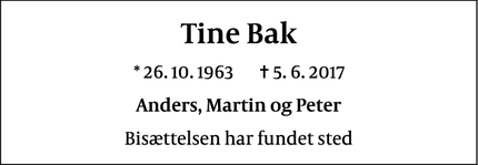 Dødsannoncen for Tine Bak - København