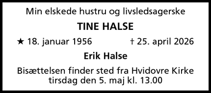 Dødsannoncen for Tine Halse - Hvidovre