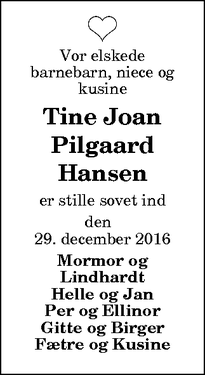 Dødsannoncen for Tine Joan Pilgaard Hansen - Kås