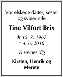 Dødsannoncen for Tine Vilfort Brix - Bagsværd