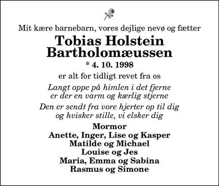 Dødsannoncen for Tobias Holstein Bartholomæussen - Arden/Aalborg