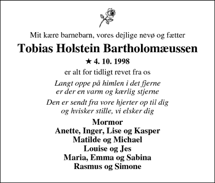 Dødsannoncen for Tobias Holstein Bartholomæussen - Arden/Aalborg