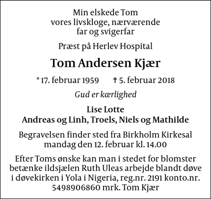 Dødsannoncen for Tom Andersen Kjær - Herlev
