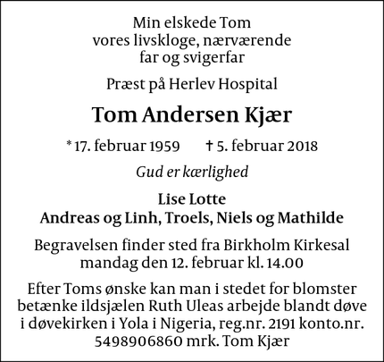 Dødsannoncen for Tom Andersen Kjær - Herlev