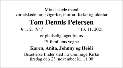 Dødsannoncen for Tom Dennis Petersen - Dalmose