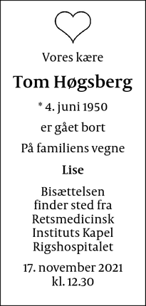 Dødsannoncen for Tom Høgsberg - 220 København N