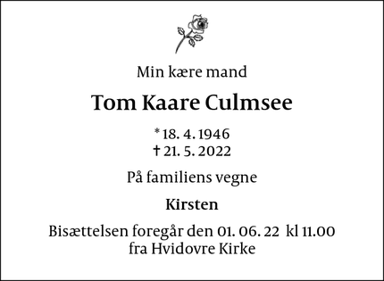Dødsannoncen for Tom Kaare Culmsee - Hvidovre