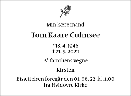 Dødsannoncen for Tom Kaare Culmsee - Hvidovre