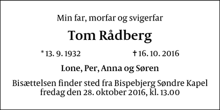 Dødsannoncen for Tom Rådberg - 2920 Charlottenlund