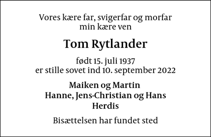 Dødsannoncen for Tom Rytlander - København